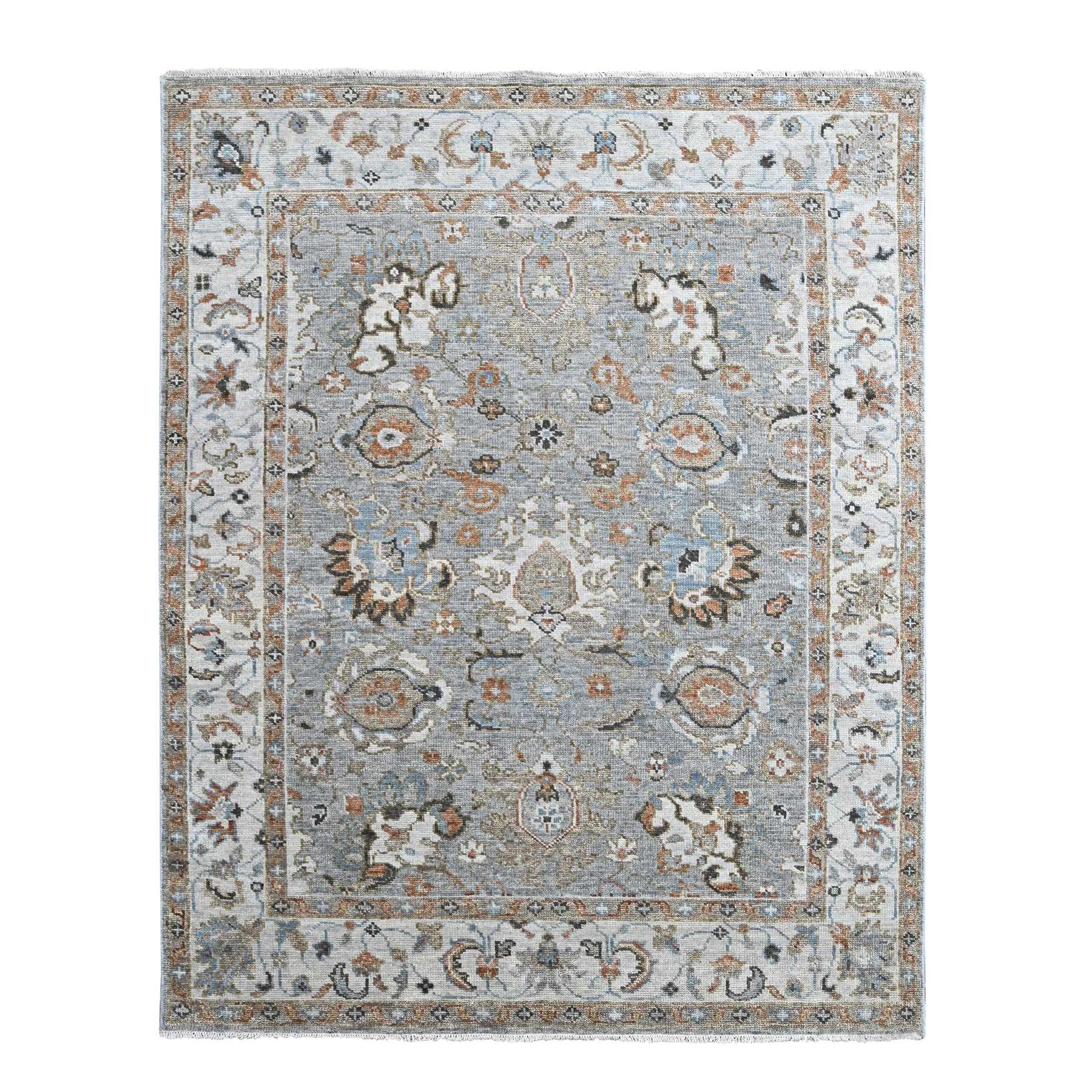 Oyster Gray, Decorators White Border, Plush and Lush, Hand Knotted Oushak Inspired Supple Collection, 100% Wool, Oriental Rug
